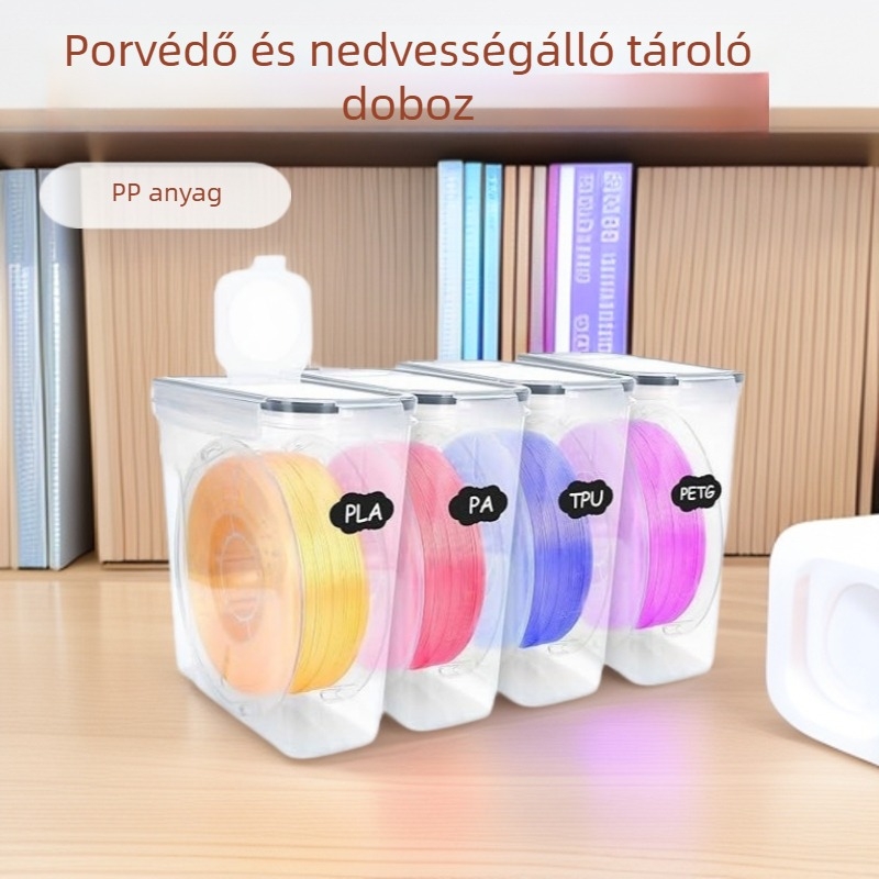 3D nyomtatáshoz anyagok szárító doboza, zárt, por- és nedvességálló, PP anyag, kapacitás 4.1–5 L, egyetlen réteg, mikrohullámú sütőben használható