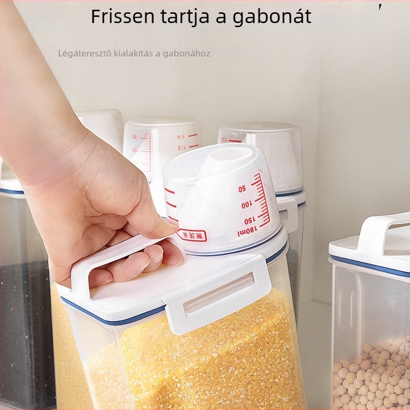 Zárható élelmiszer-tároló üveg, 5-6 L, PP műanyag, fedél, nedvességálló, dátum nyilvántartás, koreai stílus