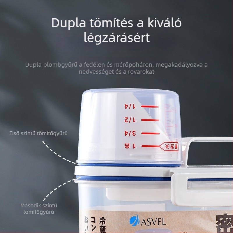 Zárható élelmiszer-tároló üveg, 5-6 L, PP műanyag, fedél, nedvességálló, dátum nyilvántartás, koreai stílus