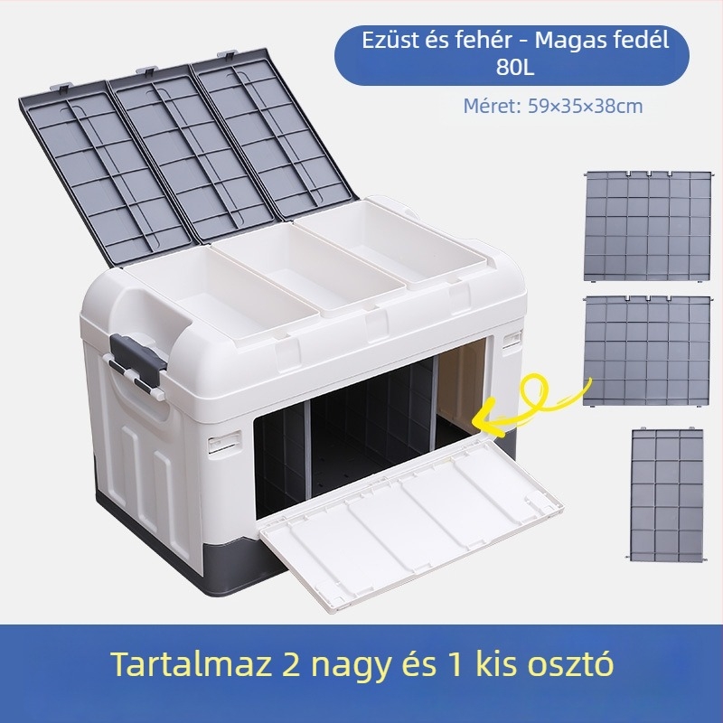 Személygépkocsi csomagtartó tároló doboz elválasztóval, összecsukható, 70–80 L kapacitás, PP műanyag, multifunkcionális