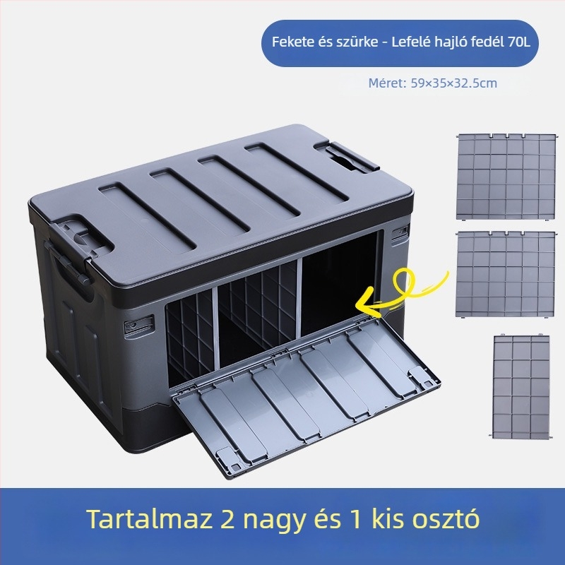 Személygépkocsi csomagtartó tároló doboz elválasztóval, összecsukható, 70–80 L kapacitás, PP műanyag, multifunkcionális