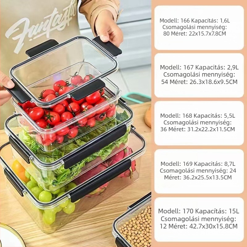 Hűtőszekrény tároló doboz, műanyag, átlátszó, zárható, többfunkciós, gyümölcsök és zöldségek számára