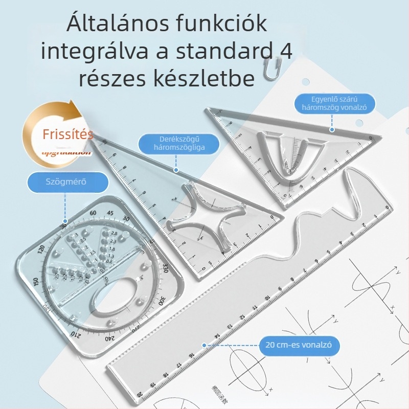Wu Sheng Funkcionális vonalzó készlet diákok számára – többfunkciós geometriai rajz-vonalzó, műanyag