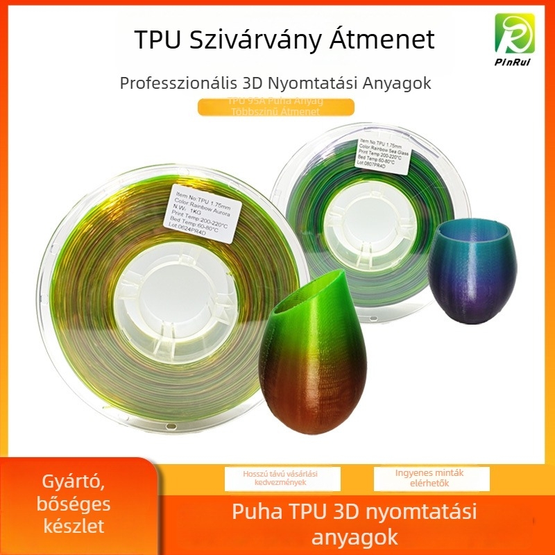 TPU szivárvány filament 3D nyomtatáshoz — több színű gradiens, kerek keresztmetszet, hossz 265 m, sűrűség 1,3 g/cm³