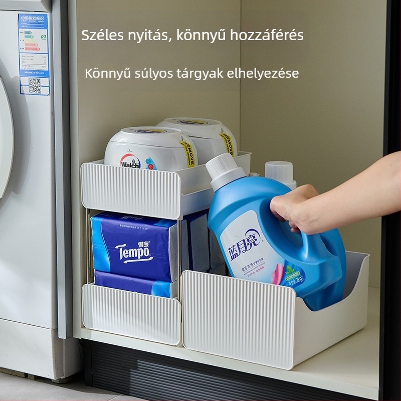 Kihúzható mosogató alatti fürdőszobai szekrény, 2‑polcos ABS tároló, padlóra álló kialakítás