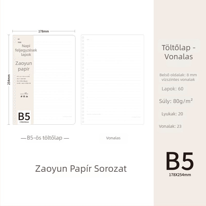 Loose-leaf refill papír sorozat, vízszintes vonalvezetéssel, kompatibil 20 és 26 lyukú jegyzetfüzetekkel, 60 oldal, újrahasznosított papír