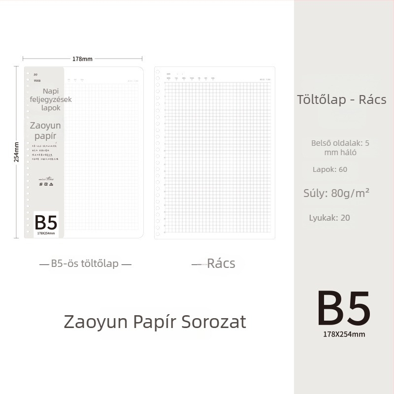 Loose-leaf refill papír sorozat, vízszintes vonalvezetéssel, kompatibil 20 és 26 lyukú jegyzetfüzetekkel, 60 oldal, újrahasznosított papír
