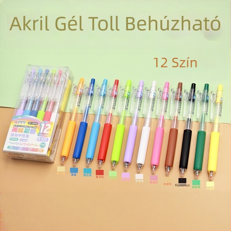 12 színű visszahúzható gél tollak, akril színek, csillogó felülettel, diákoknak naplóíráshoz és rajzoláshoz