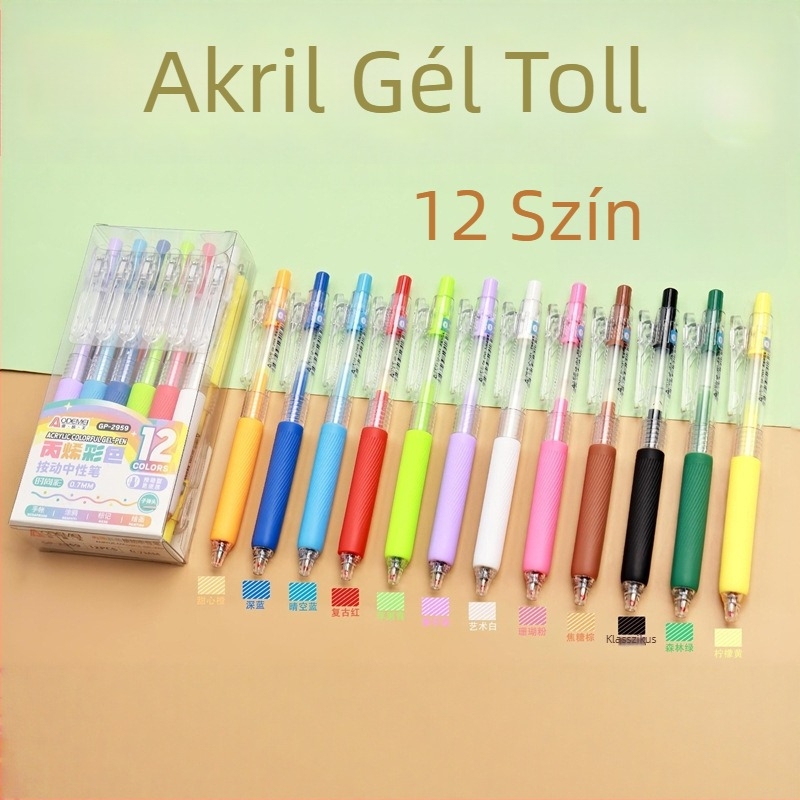 12 színű visszahúzható gél tollak, akril színek, csillogó felülettel, diákoknak naplóíráshoz és rajzoláshoz