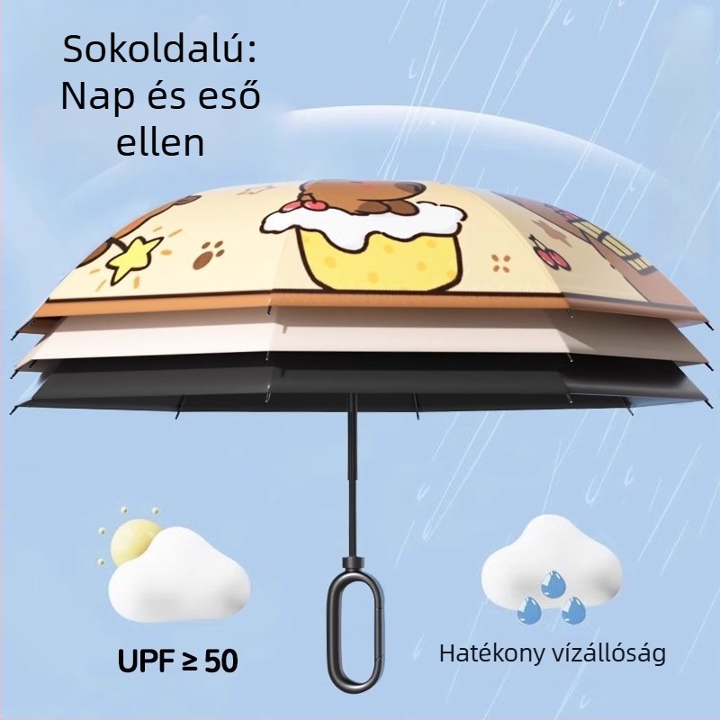 Gyerekeknek szóló háromrészes hajtogatható esernyő csattal, vinil UV védelem, 8 ív ötvözetből, automatikus zárás, iskolai használatra