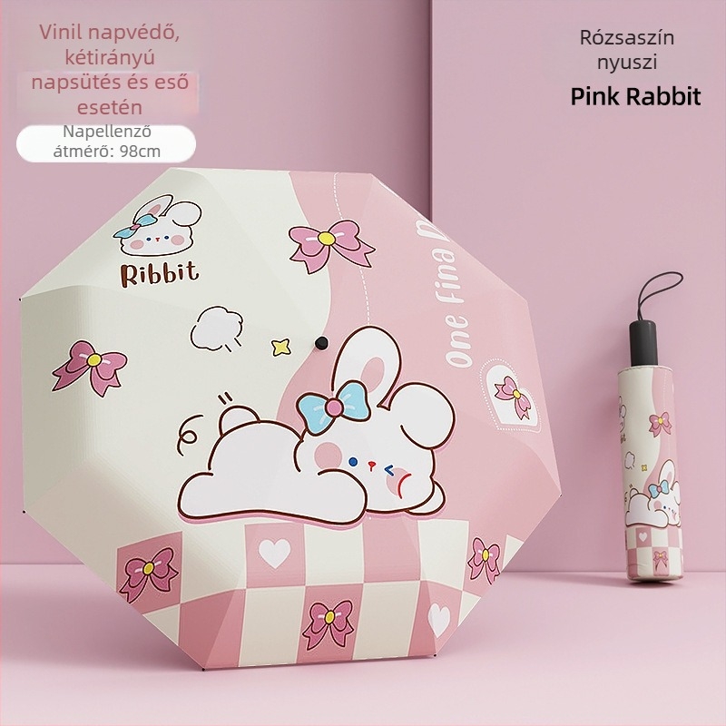 Gyerekeknek szóló háromrészes hajtogatható esernyő csattal, vinil UV védelem, 8 ív ötvözetből, automatikus zárás, iskolai használatra