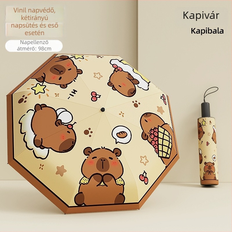 Gyerekeknek szóló háromrészes hajtogatható esernyő csattal, vinil UV védelem, 8 ív ötvözetből, automatikus zárás, iskolai használatra