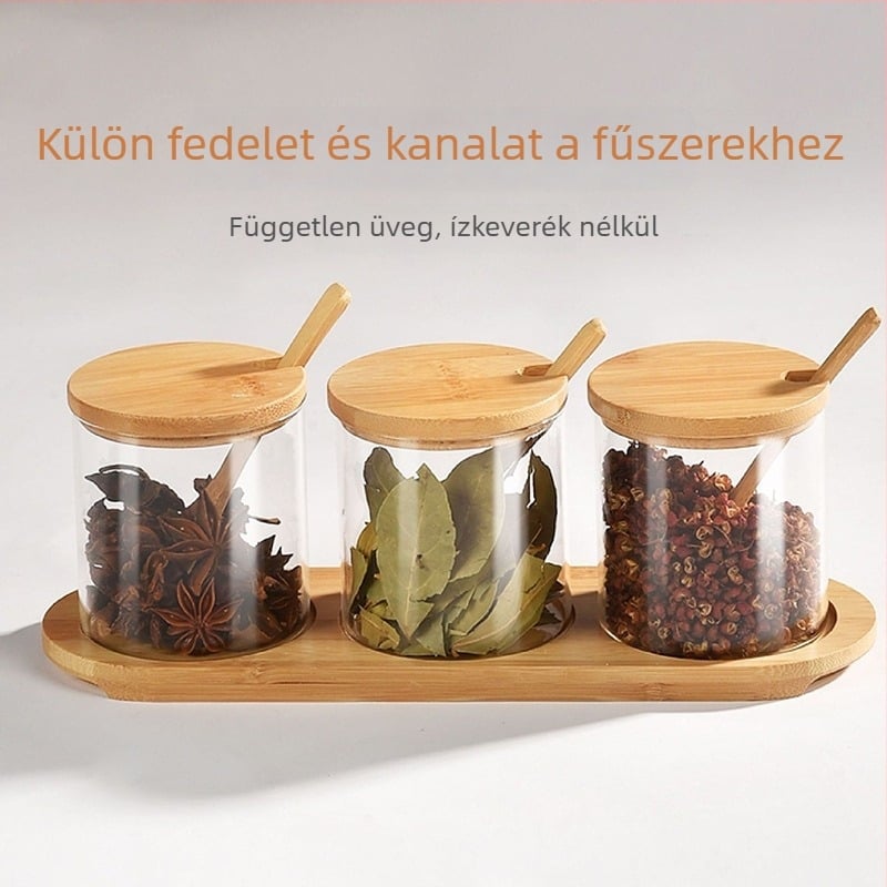 Üveg fűszertartók készlete fedőkkel, kanállal és tálcával – nedvességálló, átlátszó, boroszilikát üveg