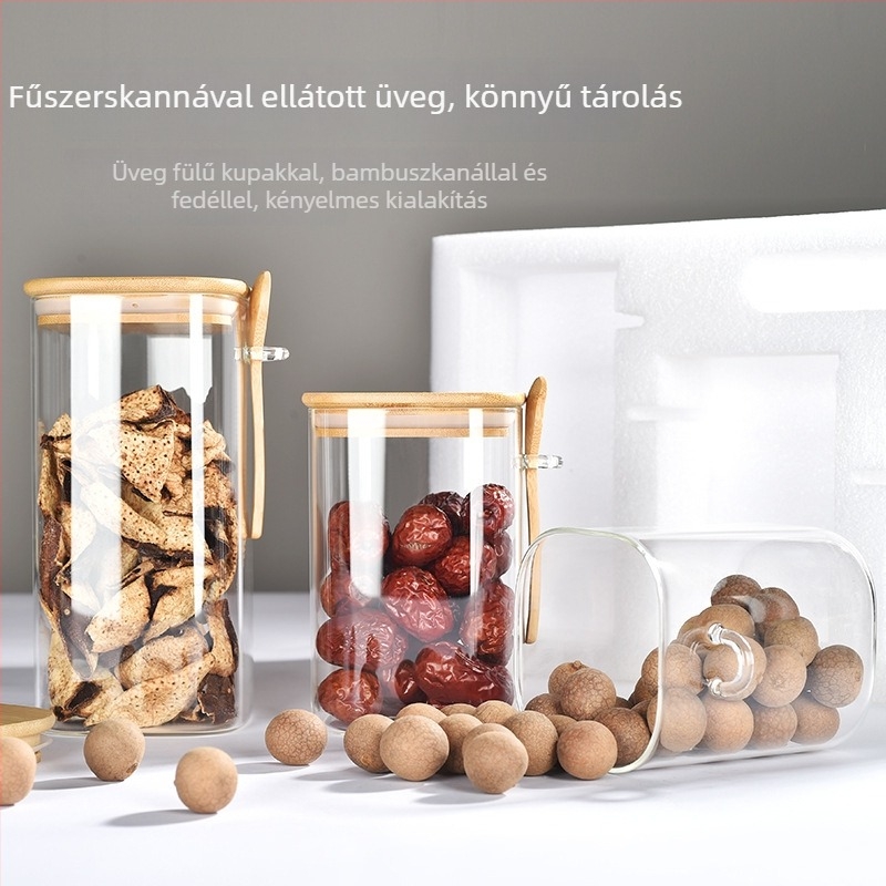 Üveg fűszertartók készlete fedőkkel, kanállal és tálcával – nedvességálló, átlátszó, boroszilikát üveg
