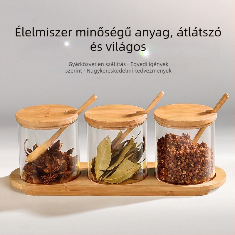 Üveg fűszertartók készlete fedőkkel, kanállal és tálcával – nedvességálló, átlátszó, boroszilikát üveg