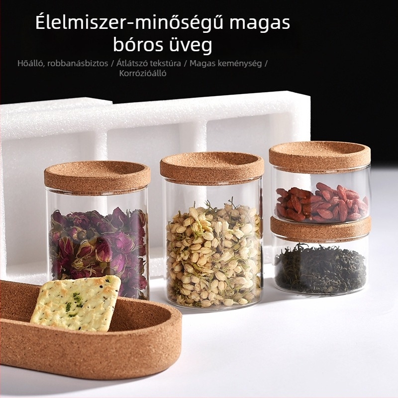 Üveg fűszertartók készlete fedőkkel, kanállal és tálcával – nedvességálló, átlátszó, boroszilikát üveg