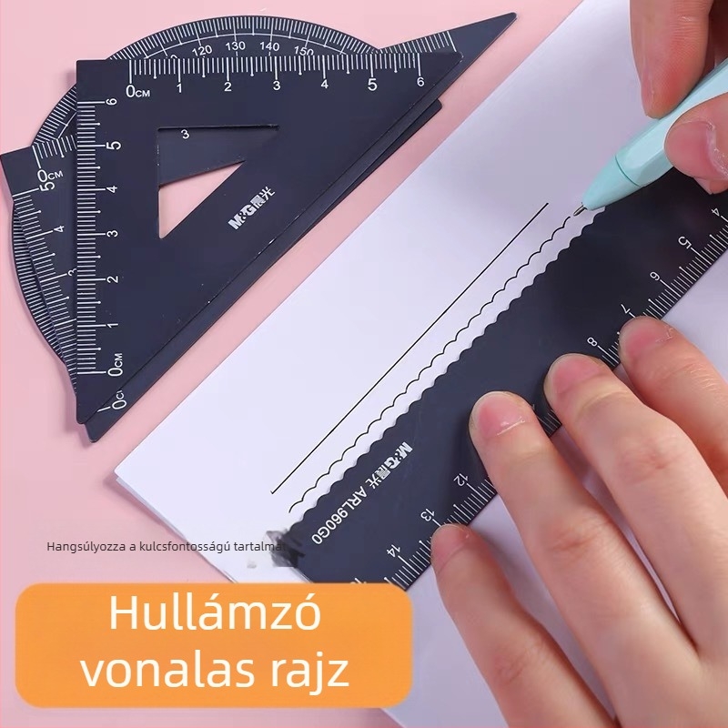 Alumínium‑ötvözetből készült rajzkészlet (4 darab): egyenes vonalzó, hullámos vonalzó, szögmérő, háromszög alakú tábla — Modell ARL960G0, M&G Morning Light márka, 100 g