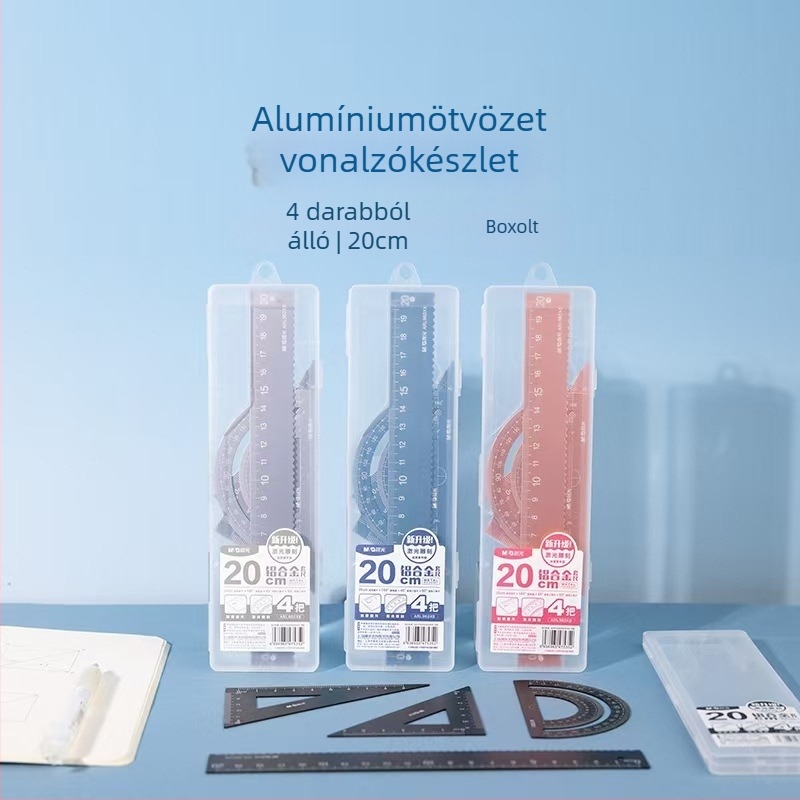 Alumínium‑ötvözetből készült rajzkészlet (4 darab): egyenes vonalzó, hullámos vonalzó, szögmérő, háromszög alakú tábla — Modell ARL960G0, M&G Morning Light márka, 100 g