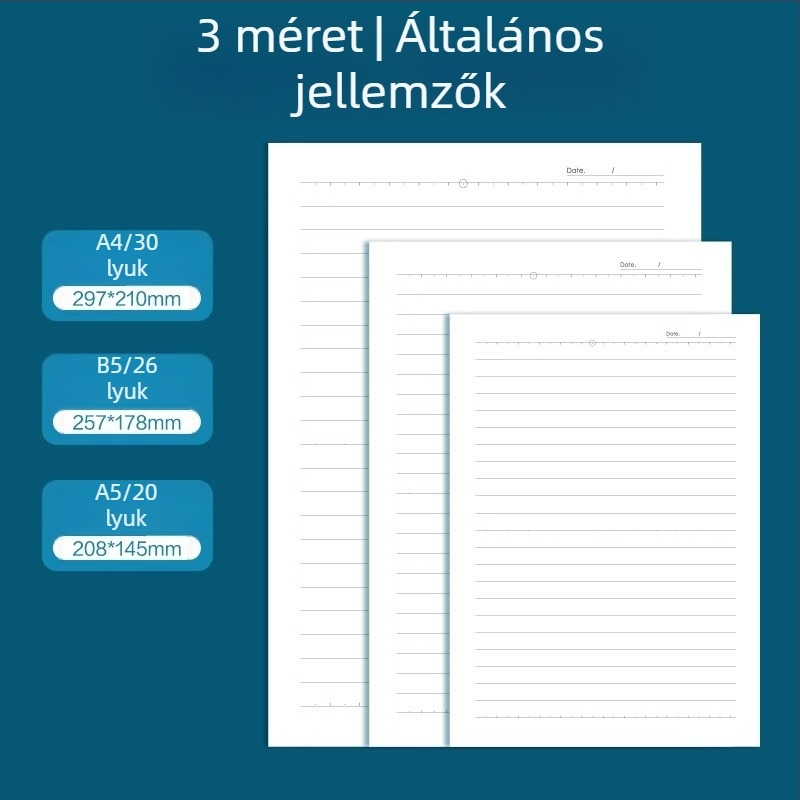 Deli cserélhető belső noteszhez, 20/26/30 lyukak, 60 oldal vastag fehér papír, modell NA560-2