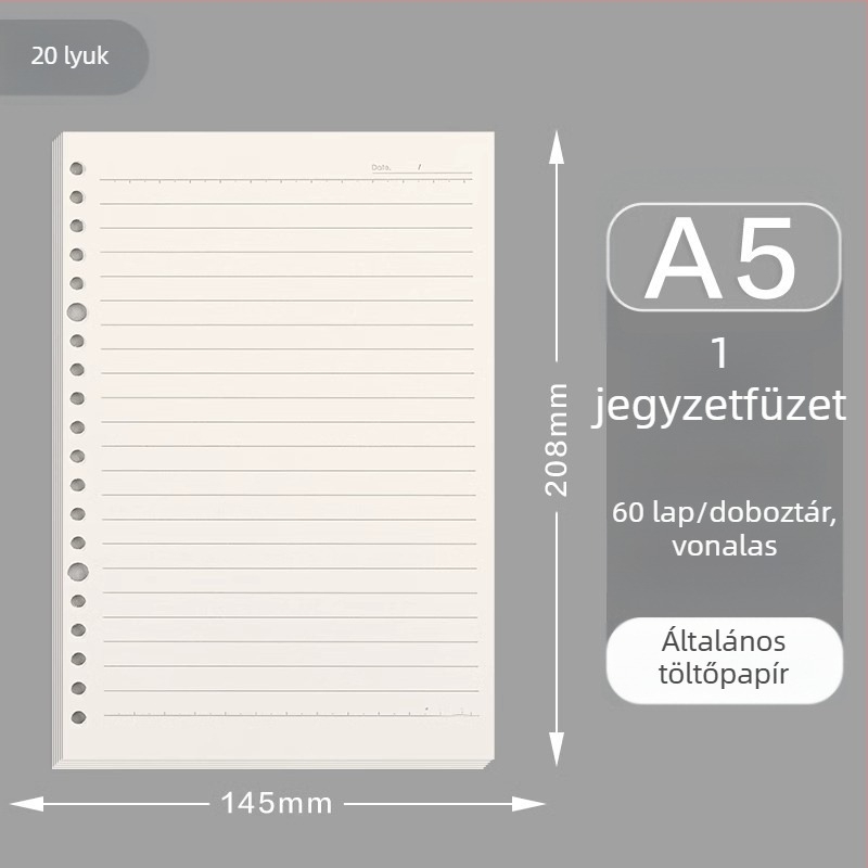 Deli cserélhető belső noteszhez, 20/26/30 lyukak, 60 oldal vastag fehér papír, modell NA560-2