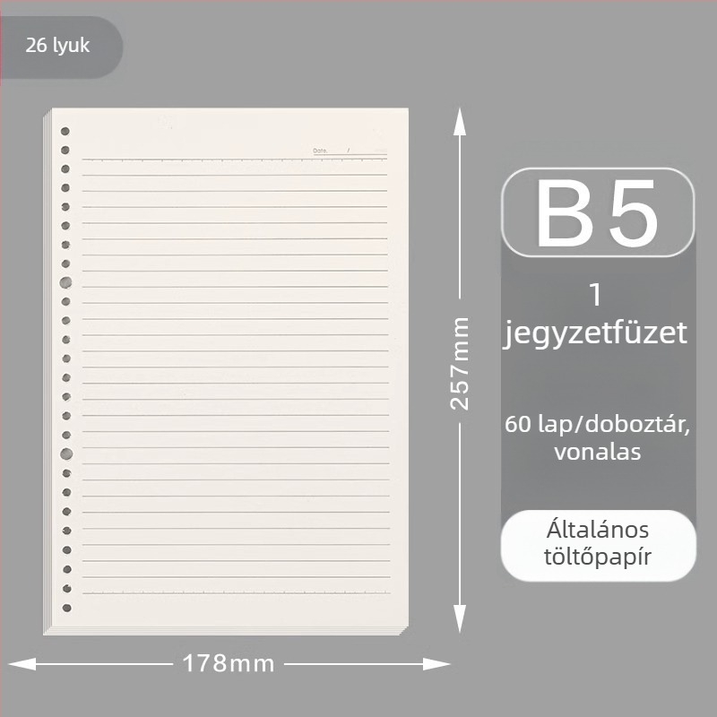 Deli cserélhető belső noteszhez, 20/26/30 lyukak, 60 oldal vastag fehér papír, modell NA560-2