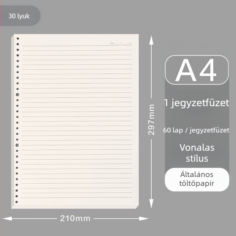 Deli cserélhető belső noteszhez, 20/26/30 lyukak, 60 oldal vastag fehér papír, modell NA560-2