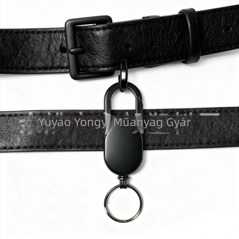 Ötvözetből készült kulcstartó karabiner, teleszkópos kivitel, könnyen húzható gombbal; teherbírás 50 g