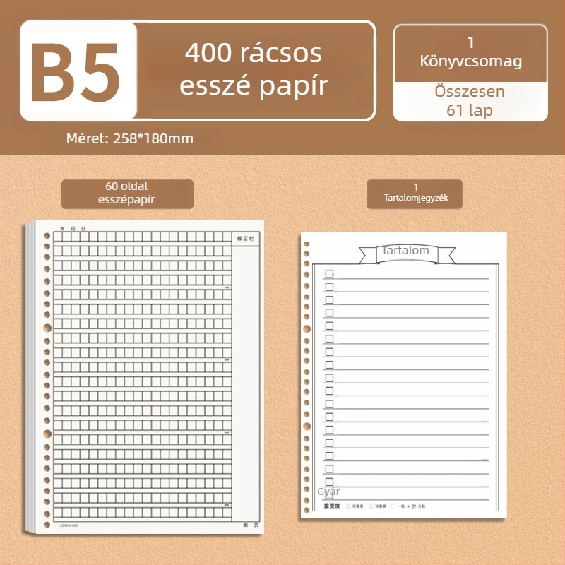 B5-ös komponáló papír, cserélhető belső maggal, vastag rácsozott papír, 400/300/1000 négyzet, diákoknak