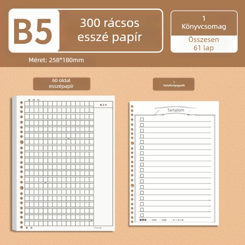 B5-ös komponáló papír, cserélhető belső maggal, vastag rácsozott papír, 400/300/1000 négyzet, diákoknak