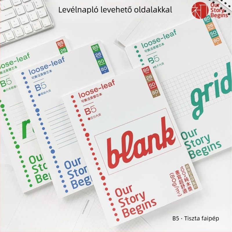 B5 jegyzetfüzet kivehető oldalakkal, 50 oldal, 26 lyukas perforáció, dupla offset papír