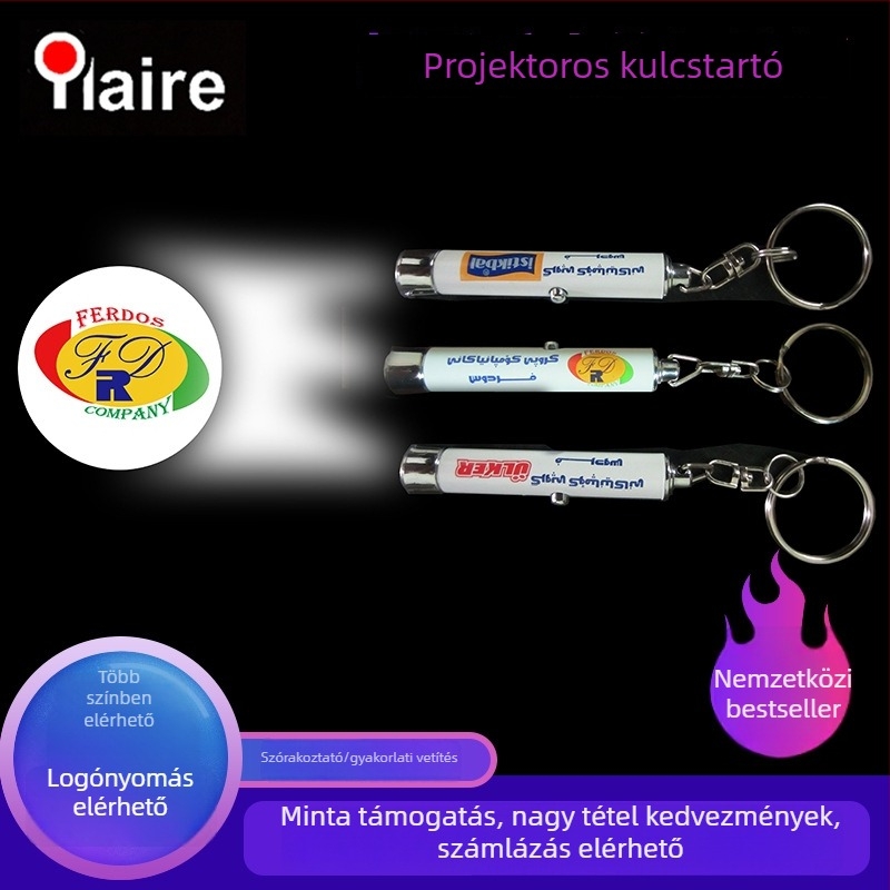 Ylaire Mini LED Vetítő Kulcstartó - Hengeres alumínium test műanyag végekkel, 15 g, egyedi csomagolás