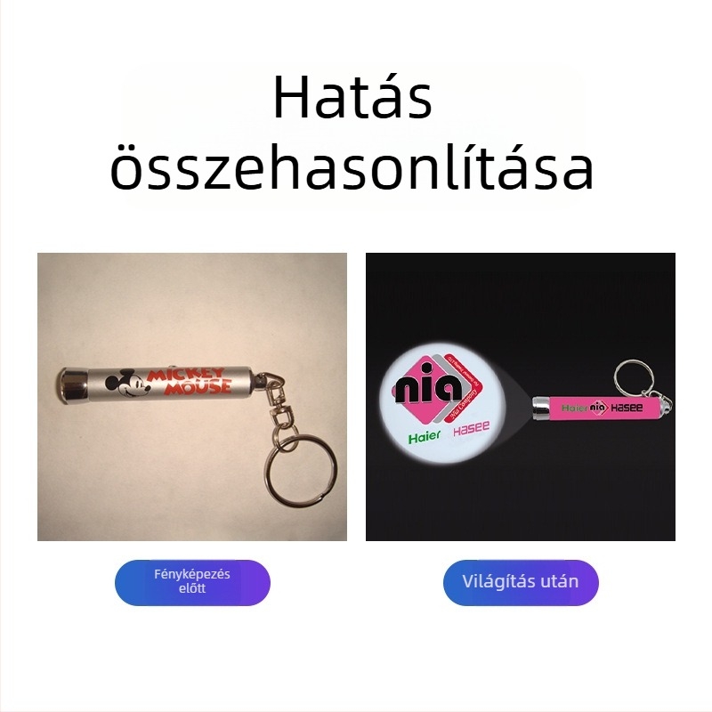 Ylaire Mini LED Vetítő Kulcstartó - Hengeres alumínium test műanyag végekkel, 15 g, egyedi csomagolás
