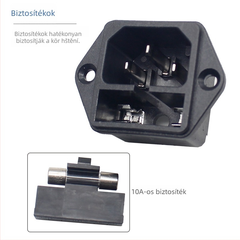 Kettős funkciójú C14-es aljzat biztonsági zárval, rögzítőfülekkel és csavarfuratokkal – alkalmas bankjegy-olvasók és projektorok számára, -20°C-tól 85°C-ig, opciós kábelezés