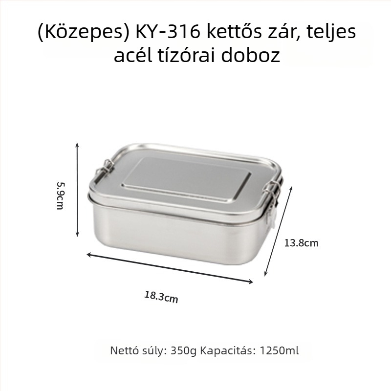 316 rozsdamentes acélból készült, szigetelt téglalap alakú ebédes doboz, 800–1000 ml, egyetlen réteg
