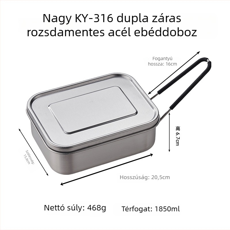 316 rozsdamentes acélból készült, szigetelt téglalap alakú ebédes doboz, 800–1000 ml, egyetlen réteg