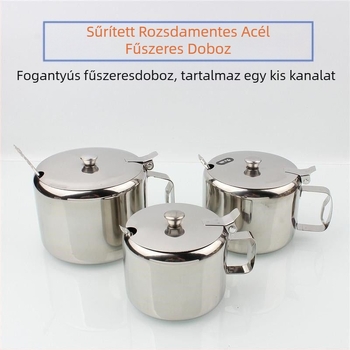 Rozsdamentes acélból készült kínai stílusú fűszertartó fedővel és kanállal, egyrészes olaj- és sótartó, száraz fűszerekhez