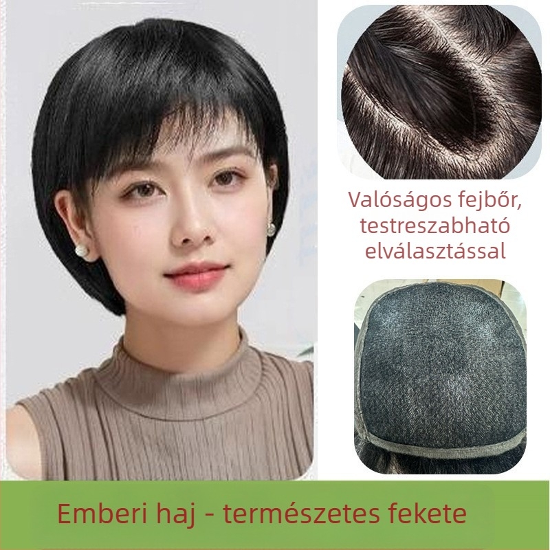 K290 rövid, egyenes paróka frufruval — valós emberi haj, skalp-akupunktúrás technológia, univerzális illeszkedés, nem festhető és nem dauerolható