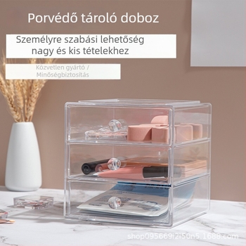 Akril asztali tároló doboz, 3 fiókkal, összekapcsolható osztókkal, 12 L kapacitás