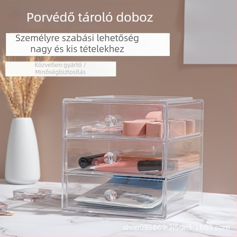 Akril asztali tároló doboz, 3 fiókkal, összekapcsolható osztókkal, 12 L kapacitás