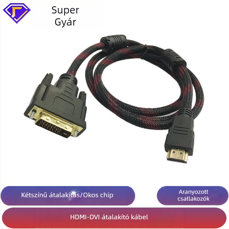 HDMI–DVI kétirányú konverter kábel, 1,5 m, aranyozott csatlakozók, TV/PC/monitor