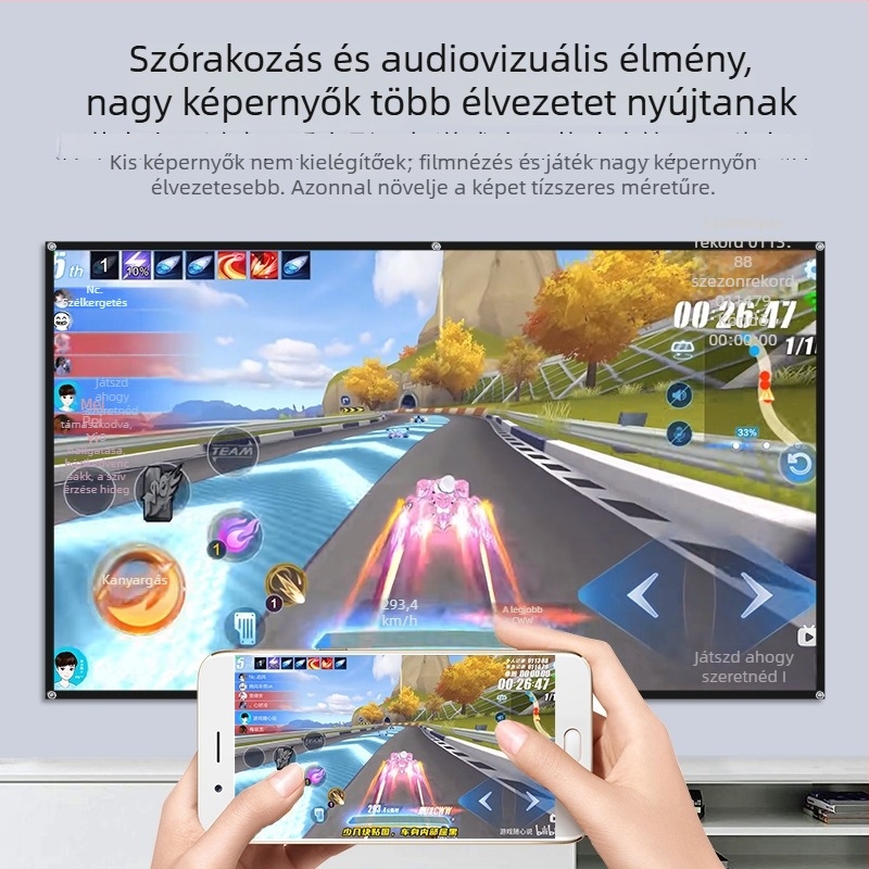 Vetítővászon, 16:9, tükröződésmentes, hosszú vetítéshez, 4K HD, fekete keret és szerelési furatok