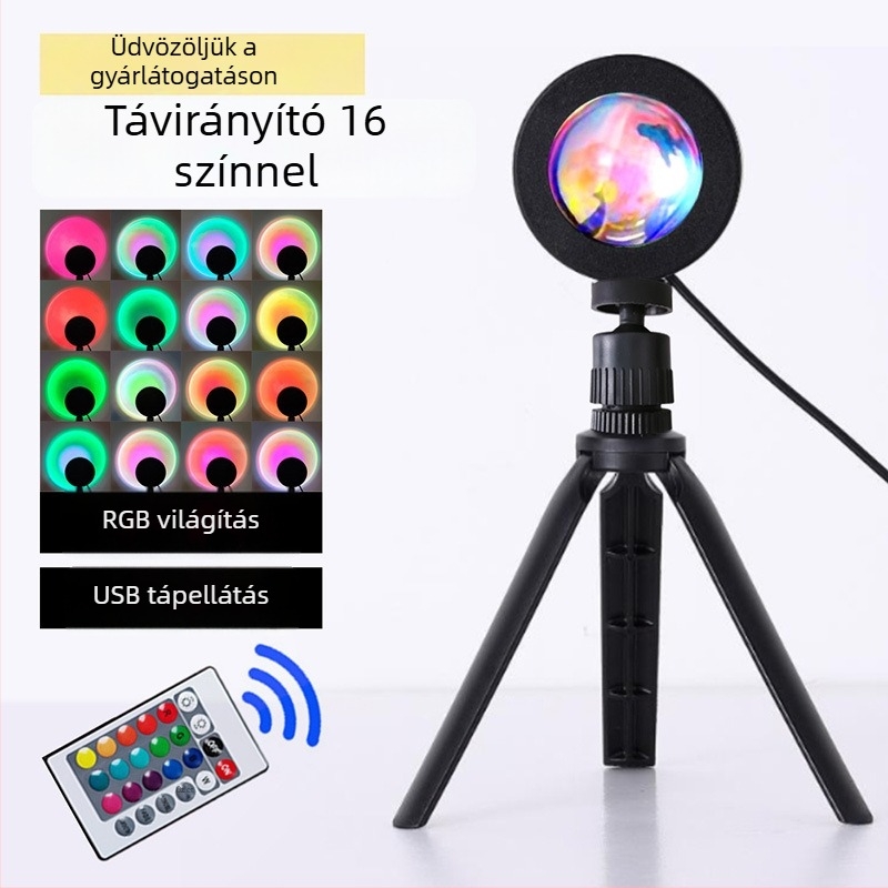 RGB naplemente vetítő lámpa háromlábú állványon — hangulatvilágítás