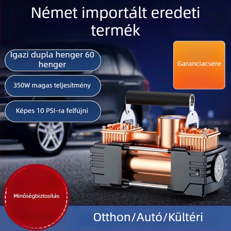 Kéthengeres 12V-os újratölthető autógumi fújó digitális LCD kijelzővel