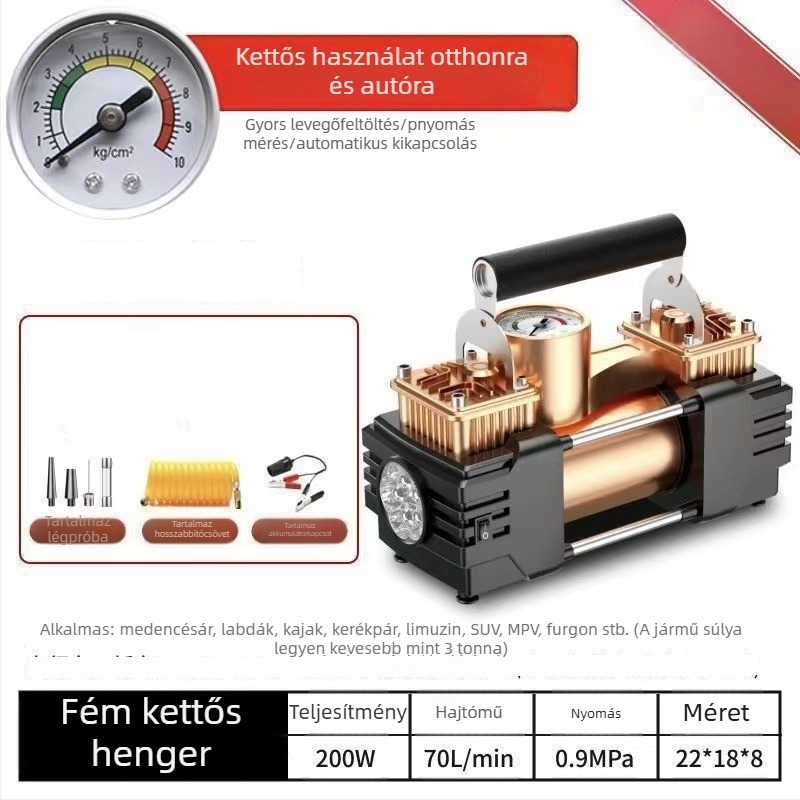 Kéthengeres 12V-os újratölthető autógumi fújó digitális LCD kijelzővel