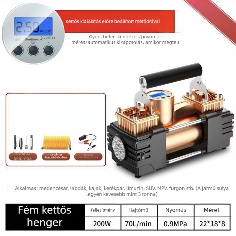 Kéthengeres 12V-os újratölthető autógumi fújó digitális LCD kijelzővel