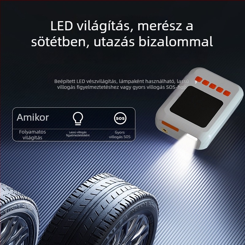 Autóipari levegőpumpa digitális kijelzős, világítással és USB töltéssel; 50 L/min légáram, 80W