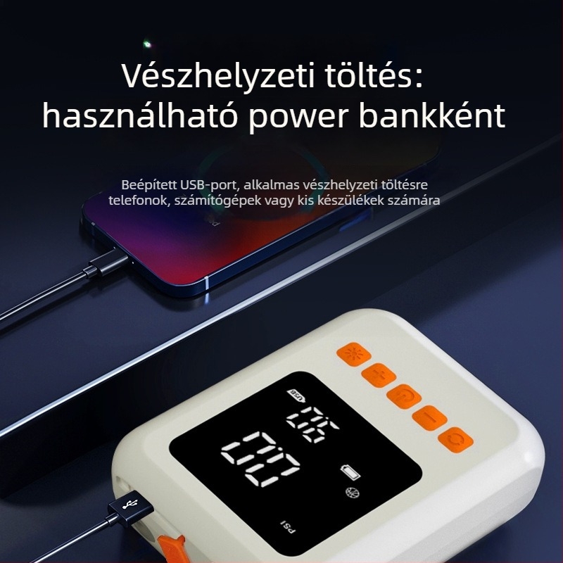 Autóipari levegőpumpa digitális kijelzős, világítással és USB töltéssel; 50 L/min légáram, 80W