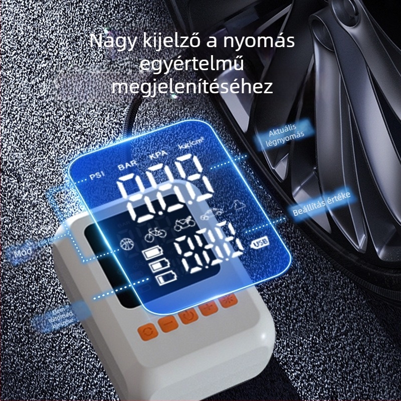Autóipari levegőpumpa digitális kijelzős, világítással és USB töltéssel; 50 L/min légáram, 80W