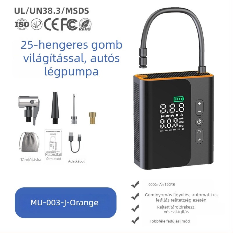 Hordozható autó légpumpa, egyhengeres, vezeték nélküli, rejtett tárolóval, többfunkciós elektromos gumipumpa, digitális kijelzővel