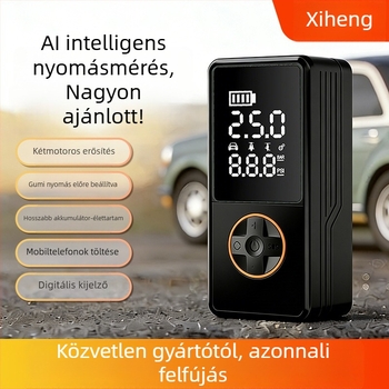 Autógumi pumpa, újratölthető, 12V, 80W, 25 L/min, digitális kijelző